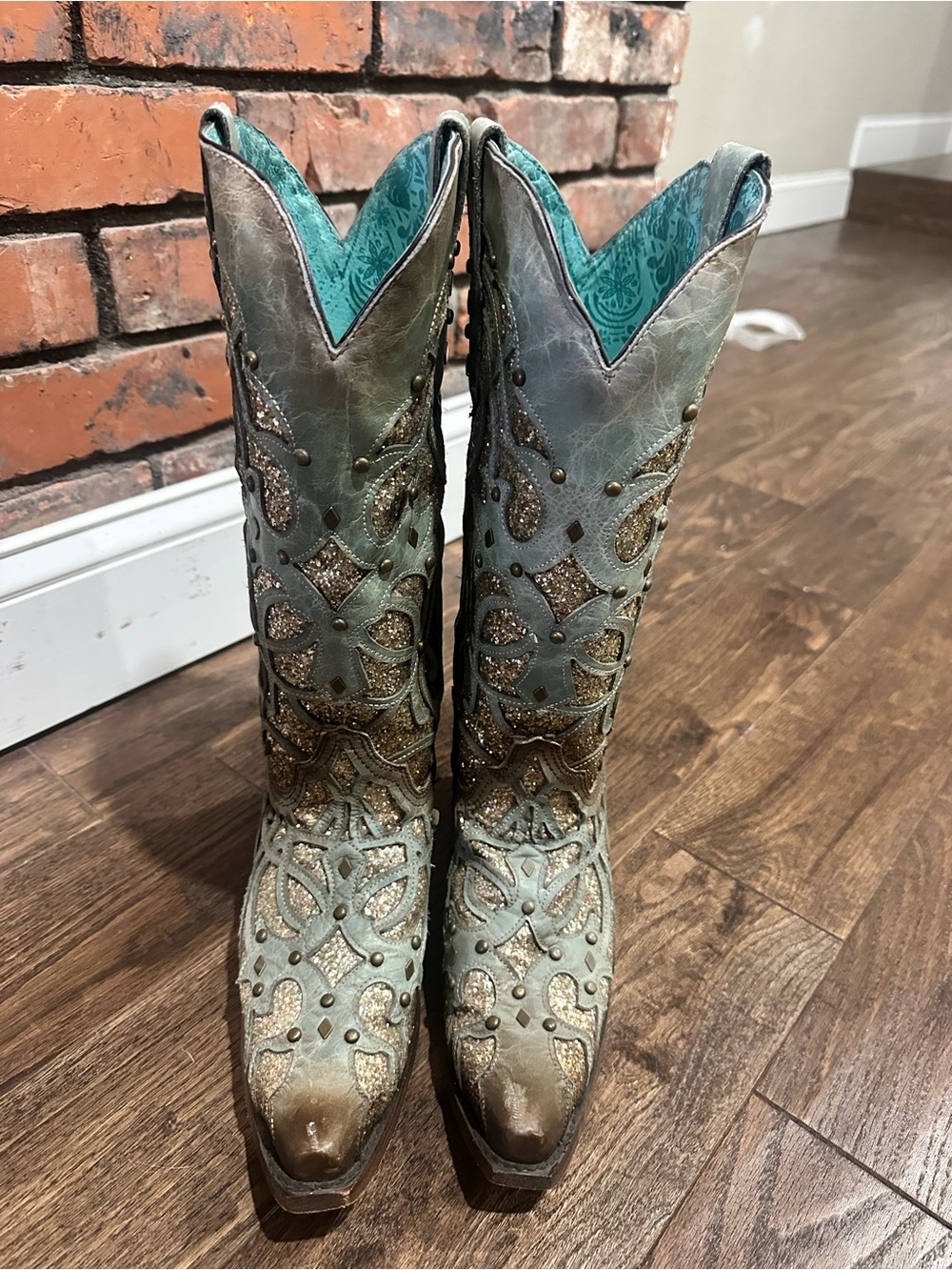 Corral Teal and Gold Glitter Embellished Western Boots